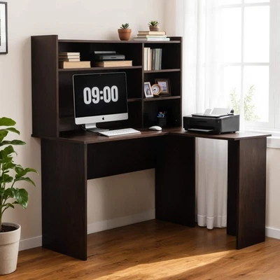 Ivinta L-Shaped Computer Desk with Storage Hutch for Home Office, Dark Brown - Image 1 of 4