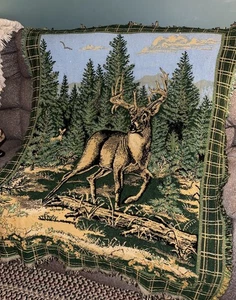 Vtg Beacon Tapestry Blanket Deer Buck Woods Green Cabin Core Wall Hanging 54” - Picture 1 of 10