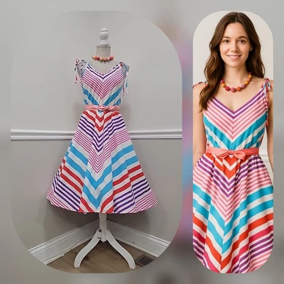 🌈 Vestido sin solero a rayas arco iris de colección años 80 - ajuste y acampanado, patrón Chevron, correa de corbata  Foto 1 de 4