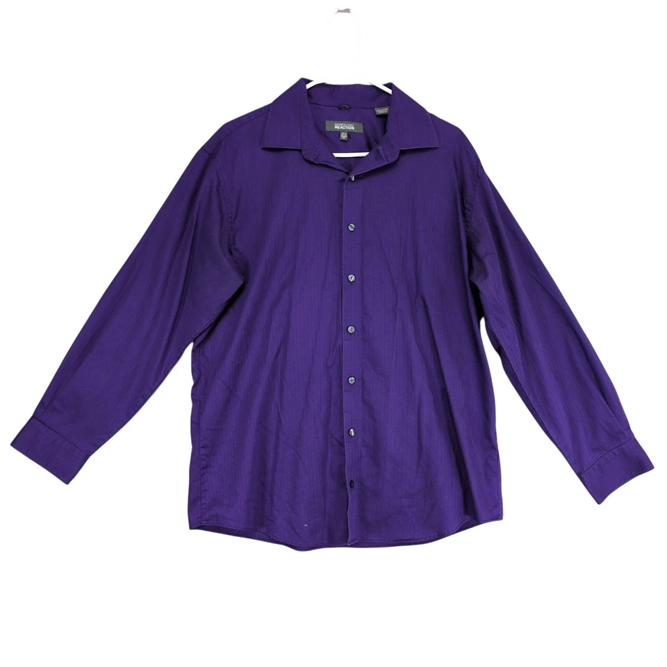 Kenneth Cole Reaction 男式 16.5 无皱纽扣紫色正装衬衫,条纹 — 第 1/4 张图片