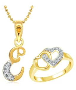 Heart Ring with Letter ''E'' Pendant Gold Plated Jewellery Combo DR222 - Picture 1 of 3