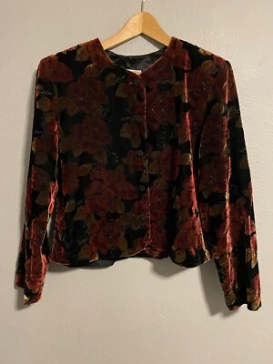 Vintage Womens Jacket Size 14 Red Black Floral Velvet Glitter Romantic 90s READ - Image 1 of 4