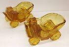 2 Vintage Honey Amber Glass Carriage Stage Coach Car Figural Ashtray 3" X 2"