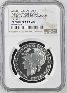 1960 Germany Silver Ducat - Minerva With Athenian Owl - NGC PF68 Ultra Cameo - Picture 1 of 2