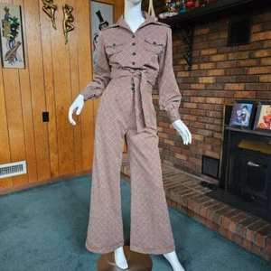 Vtg 70s Groovy Soul Train High Waist Bellbottom Suit Dagger Crop Top Pantsuit S - Picture 1 of 10