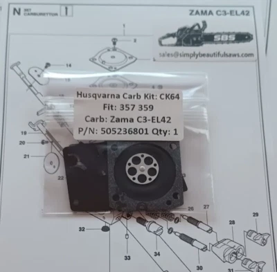 SBS Kit riparazione carburatore motoseghe Husqvarna 357 359 per kit Zama EL42. P/N: 505236801