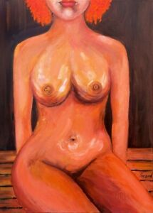 Nude woman acrylic painting on canvas. Woman on knees. Figurative painting