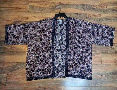 Cárdigan kimono cuadrado J Jill para mujer talla S-L azul marino floral algodón lino aberturas laterales  Foto 1 de 4