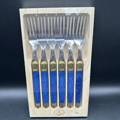 Jean Dubost Laguiole 6 Dinner Forks Set France Bee Blue Gold Wooden Box Rare Vtg - Image 1 of 4