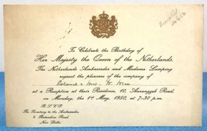 Invitación Cumpleaños Reina Holanda Embajador Holanda Nueva Delhi 1950 - Imagen 1 de 3