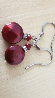 HAND CRAFTED, VINTAGE EARRINGS , Genuine PEARL 1.5" long -12 mm , made in USA - Image 1 of 4