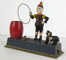 1910s CAST IRON MECHANICAL BANK - TRICK DOG w/ CLOWN SOLID BASE By HUBLEY FINE+