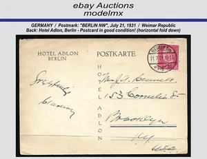 Germany - Weimar Republic, "BERLIN WN" July 21, 1931 - Postcard, FU - Picture 1 of 2