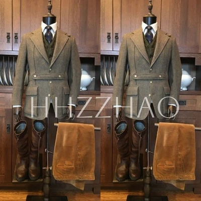 Trajes de tweed caqui para hombre chaqueta de safari con cinturón abrigo de caza al aire libre pantalones 2 un. Foto 1 de 4