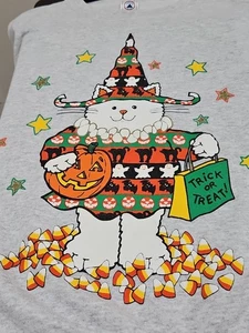 Vtg Halloween Sweatshirt Adult Large  Spooky Cats Bats Candy  Pumpkin Witch Hat  - Picture 1 of 11