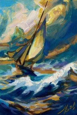 丙烯酸绘画 Stormy Sea M. Patskan 无框原版 nAAA4814 — 第 1/4 张图片