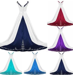 Gothic Navy With White Wedding Dress Elegant Embroidery Beaded Satin Boho Rustic - Picture 1 of 18