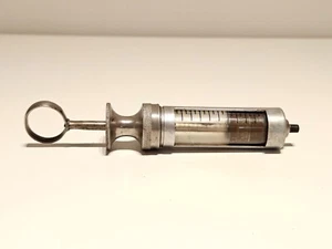 ANTIQUE RARE  MEDICAL DOCTORS GLASS ALUMINUM AND CHROMED METAL SYRINGE - Picture 1 of 8