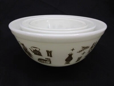 Juego de cuencos mezcladores Pyrex, patrón americano temprano Pyrex, cuencos anidadores Pyrex de la década de 1980 Foto 1 de 4