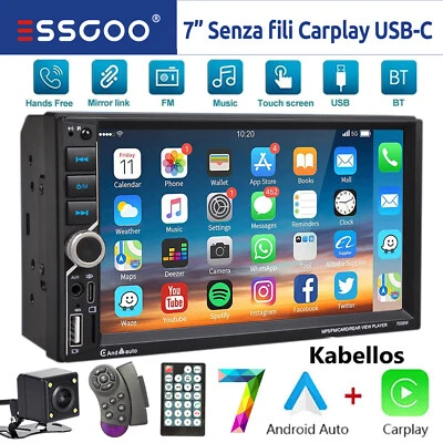 Autoradio 2 DIN Senza Fili Apple Carplay Android Auto Bluetooth AUX USB-C TF CAM - Immagine 1 di 4