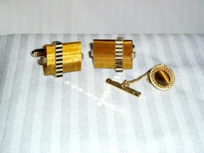 Vintage "DANTE" Tono Dorado Metal, Ojo de Tigre Gema Piedra Gemelos y Tie Tack  Foto 1 de 4