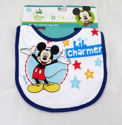 DISNEY Baby Bib Mickey Mouse Lil Charmer Blue Trim Stars 0-3 years Shower Gift - Image 1 of 4