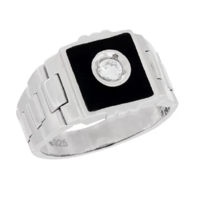 Uomo Argento Sterling Cinturino Stile Quadrato Nero Onice Zirconia Anello - Immagine 1 di 2
