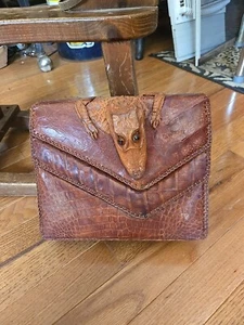 Vintage 1940’s Genuine Baby Alligator Brown Clutch Double Flip Top Purse - Picture 1 of 10