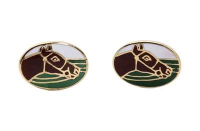 Gemelos ovalados vintage para hombre con motivo animal caballo esmaltado en tono dorado Foto 1 de 4