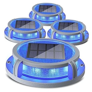 Solar Deck Lights Outdoor 2 Modes 16 LEDs Driveway Markers 4 Pack Blue & Red - Picture 1 of 7