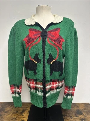 Vintage 90s Marisa Christina Sweater Womens Green Scottish Terriers Cardigan M - Image 1 of 4