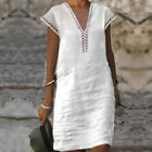 Women's Casual V-Neck Lace Splicing Solid Color Cotton Linen Dress Short Sleeve