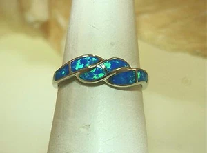 6MM HAWAIIAN RHODIUM 925 STER SILVER INLAID BLUE-GREEN OPAL OCEAN WAVE RING 5-10 - Picture 1 of 9