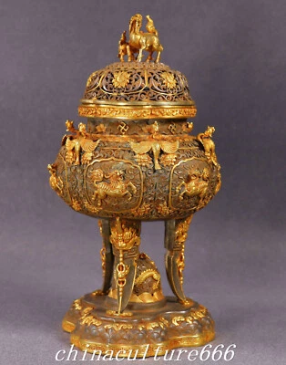 9" China Dinastía Plata Oro Ware KylinKirin Dragón Fénix Quemador de Incienso Censario Foto 1 de 4
