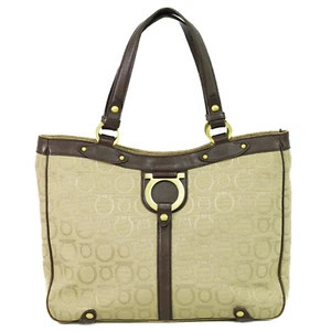 Salvatore Ferragamo Gancini Canvas Tote Handbag Beige Brown Gold - Picture 1 of 10