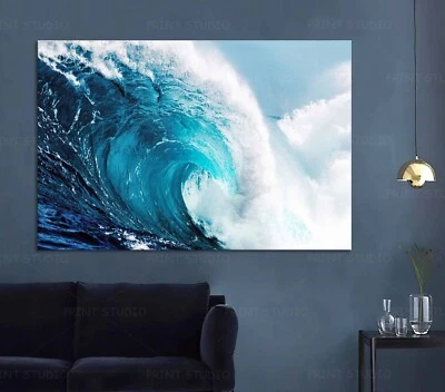 Breaking Big Blue Wave Ocean Wall Art Surf Canvas or Poster print Beach Photo  - Image 1 of 4