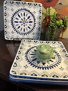 4 Target Home Clifton Blue White Square Stoneware 10.25" Dinner Plates - Picture 1 of 9