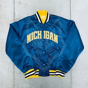 Michigan Wolverines Jacket Mens Blue Vintage NCAA Satin Bomber Varsity Jacket - Picture 1 of 7
