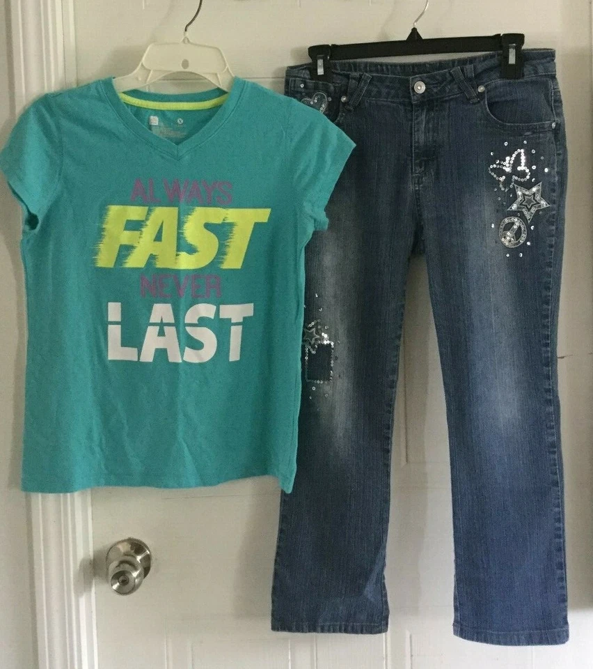 Girls outfit size 14 1/2 Plus, Total Girl blue jeans embellished, novelty t -674 - Изображение 1 из 4