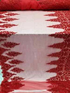 "50" Wide Red Embroidered Sequin Bridal Lace Fabric - Sold by the Yard" - Picture 1 of 12