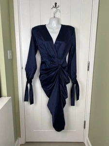 PrettyLittleThing Navy Blue Satin Wrap Draped Dress Size 10 - Picture 1 of 10