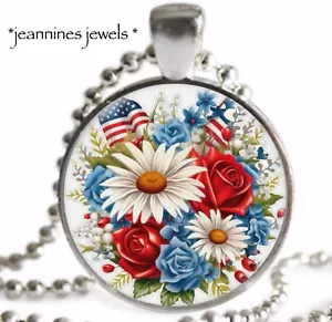 Vintage Flowers Necklace Patriotic American Flag July 4th Gift Silver Pendant - Picture 1 of 13