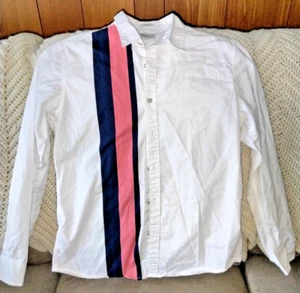 VTG Woman White Pepe Jeans London Long Sleeve Button Up Shirt Pink Blue Y2K MED - Picture 1 of 4