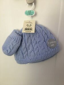 Baby Boys blue cable knit knitted hat and mittens set NEW size 0-3m infant