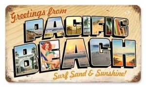 Greetings From Pacific Beach Surf, Sand & Sunshine! Vintage Ocean Metal Sign - Picture 1 of 1