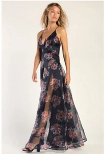 Lulu's Blooming Adoration Navy Blue Floral Organza Maxi Dress Size XL NWT - Picture 1 of 23