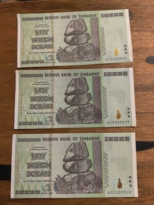 3 Bills - Zimbabwe 50 Trillion Dollar -AA 2008 consecutive Numbers  - Image 1 of 2