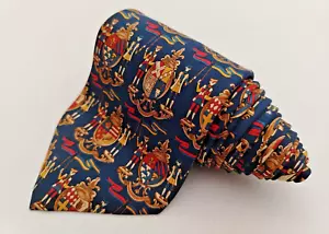 Salvatore Ferragamo Silk Designer Necktie Whimsical Flag Emblem Pattern Blue Tie - Picture 1 of 10