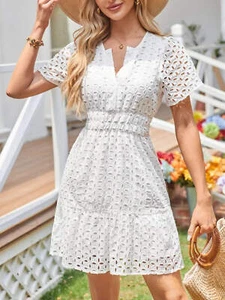 Eyelet Notched Short Sleeve Dress - Picture 1 of 50