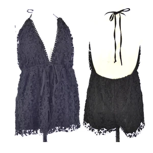 Black Backless Playsuit Romper Floral Lace Guipure Party Going Out size UK 10 - Picture 1 of 10